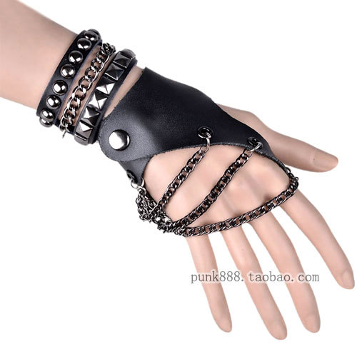 Bundle metal chain punk gloves leather gloves short design hiphop gloves non-mainstream gloves