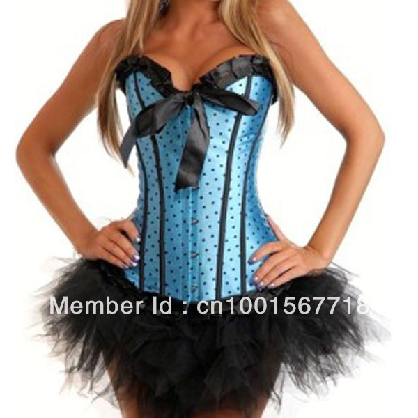 Burlesque Blue Dot Satin Moulin Rouge Boned Corset Tutu Dance Costume S-2XL free shipping