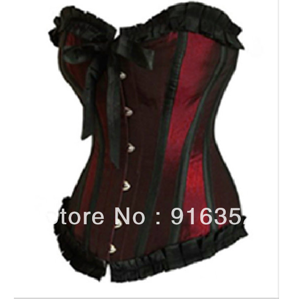 Burlesque Darkred Satin Ribbon Lace up Boned Overbust Corset Bustier Lingerie Free Shipping