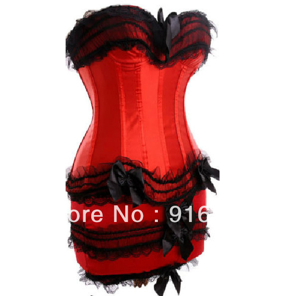Burlesque Satin Lace up Boning Corset Bustier Mini Skirt Clubwear Lingere S-2XL free shipping