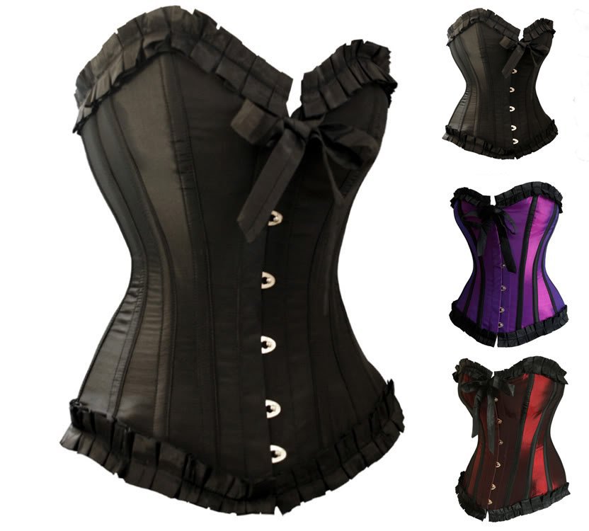 Burlesque Satin Ribbon Lace Up Boned Overbust Corset Bustier Body Shaper Lingeire TOP For Women Free Shipping