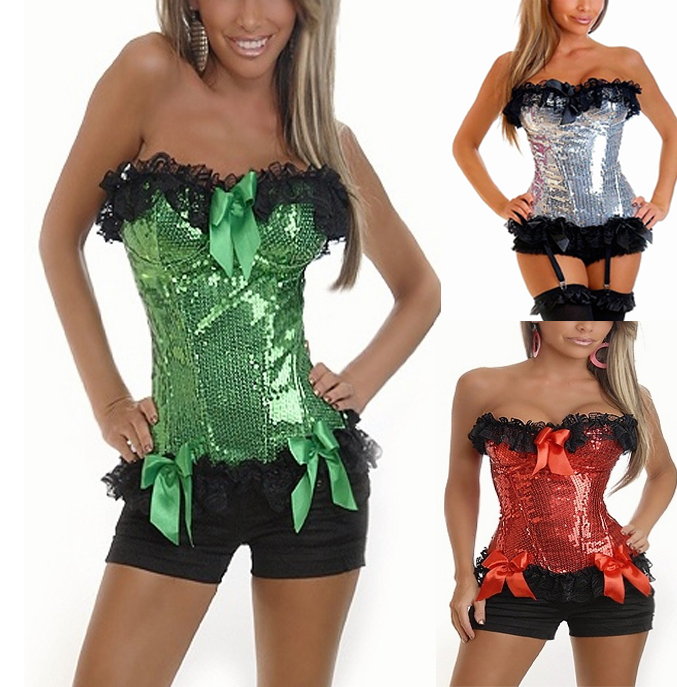 Burlesque Sequin Moulin Rouge Boned Petticoat Costume Party Show Bustier&Corset