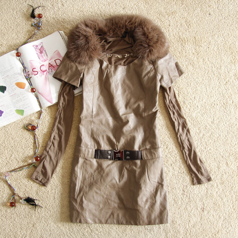 Business di-sui after cardigan zipper fur collar type quality beading belt water washed leather one-piece dress