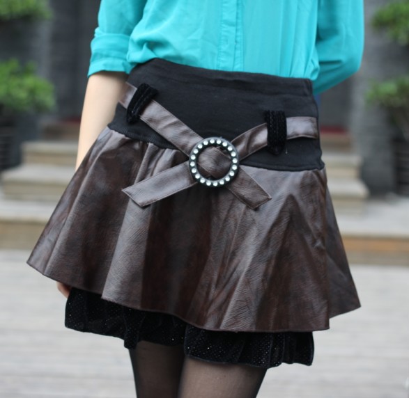 Bust skirt short skirt autumn and winter basic skirt winter skirt high waist plus size puff skirt leather skirt PU skirt