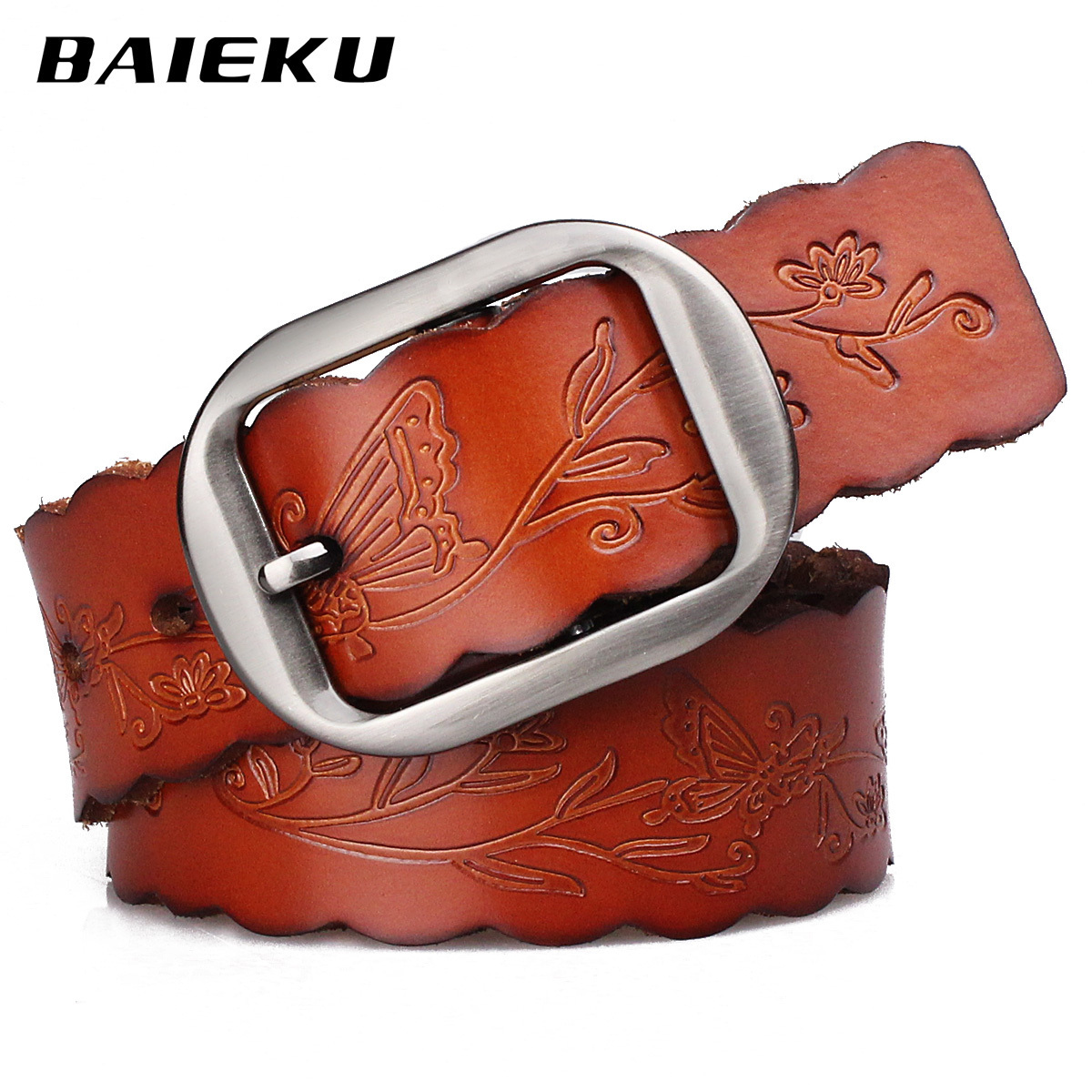 Butterfly women's embossed genuine leather belt candy color Women genuine leather pin buckle strap female