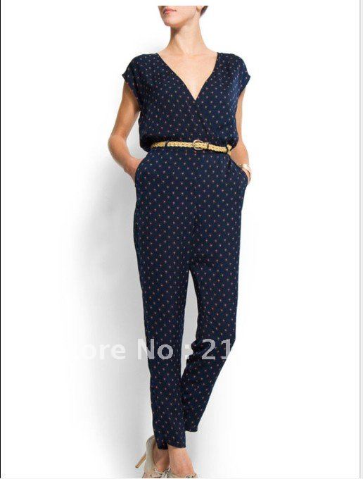 button adornments V neck print jumpsuit