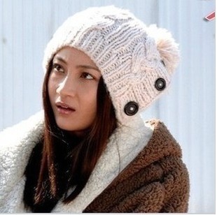 Button twisted knitted hat female knitting wool warm hat