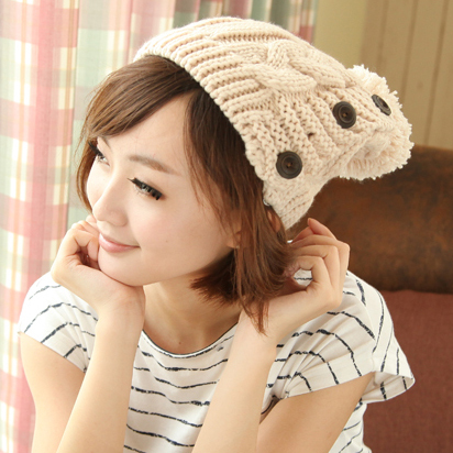 Button twisted sphere lovely yarn knitted hat women's autumn and winter hat