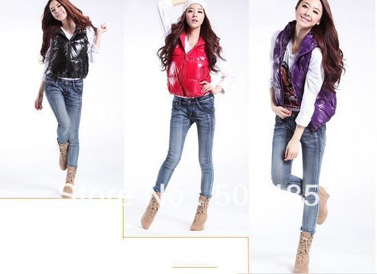 [C-103]Fashion Patent leather down vest cotton vest reversible vest glossy women's with a hood lovers design Free Shopping