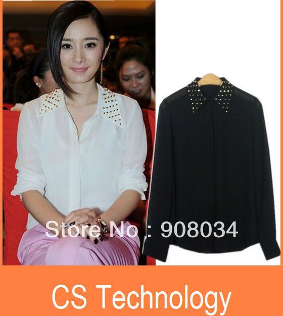 [C-241]2013 Women's Fashion Studded collar Casual Long Sleeves Shirt Ladies Rivet Blouse Free shipping
