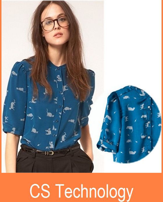 [C-246]2013 spring summer Ladies' fashion blouse women's short sleeve cat printed chiffon shirts blue shirt button Free shipping