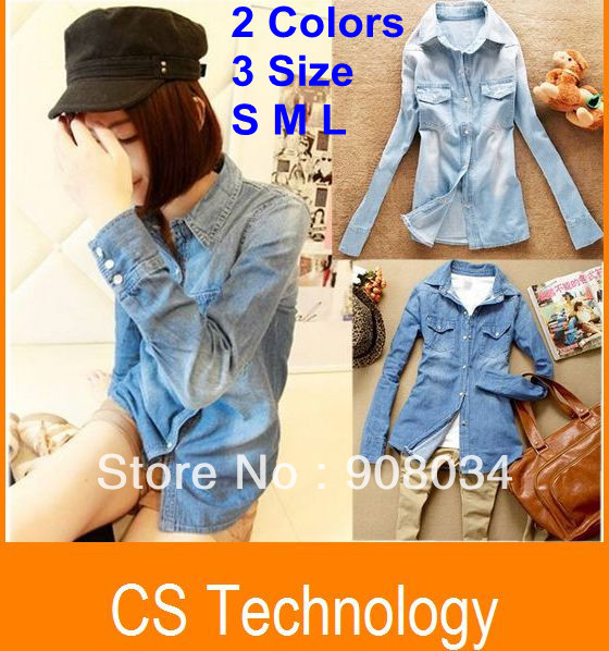 [C-439] Free Shipping Fashion Women's Casual Pure Cotton Blouses Ladies' Denim Shirts/Long Jeans Blouses