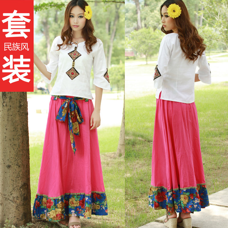 C bohemia spring and summer national trend embroidered slim shirt top full dress one-piece dress set
