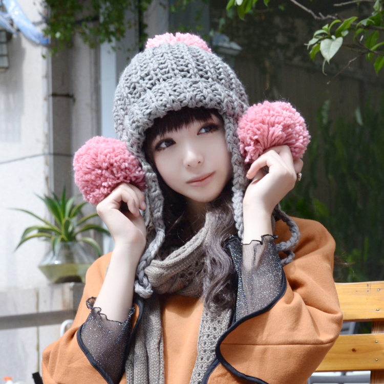 C s autumn and winter female big yarn sphere short hat brim long pigtail ear knitted hat h489