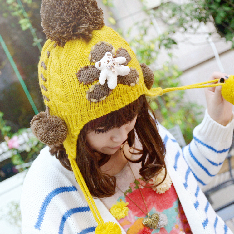 C&s female autumn and winter thermal bear lanyard sphere ear protector cap knitted hat h500