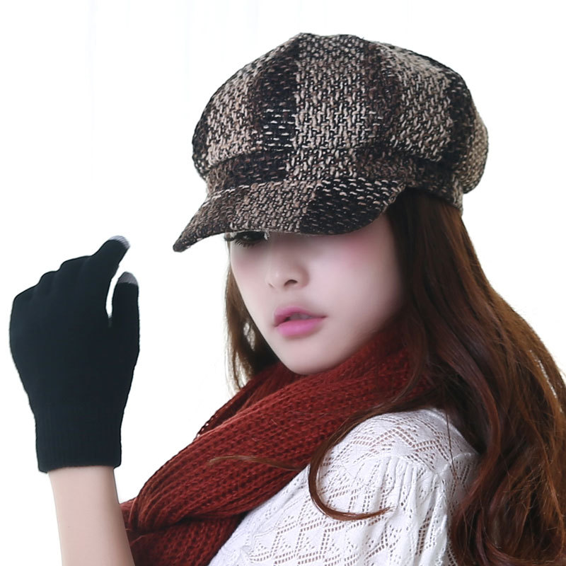 C&s style british style check tweed fabric autumn and winter octagonal cap h287