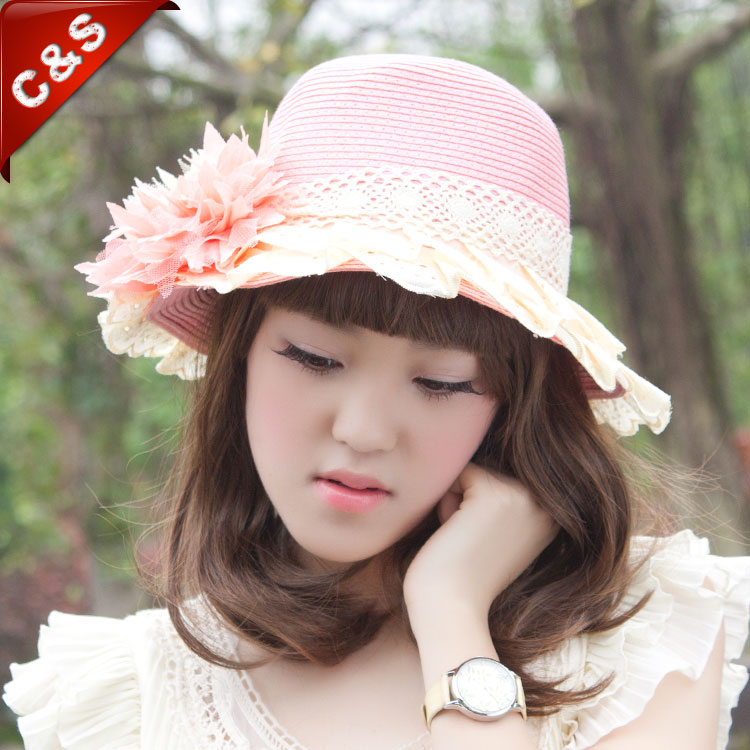 C&s summer strawhat double layer embroidered lace flower laciness small bucket hats small women's fedoras cm012