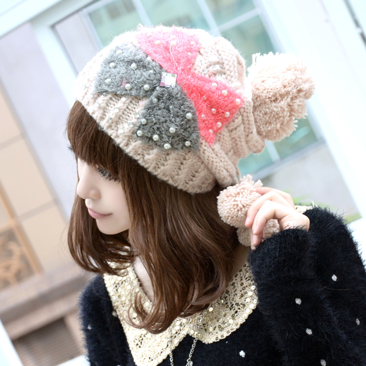 C&s two-color large bow beads yarn ball knitted hat h497