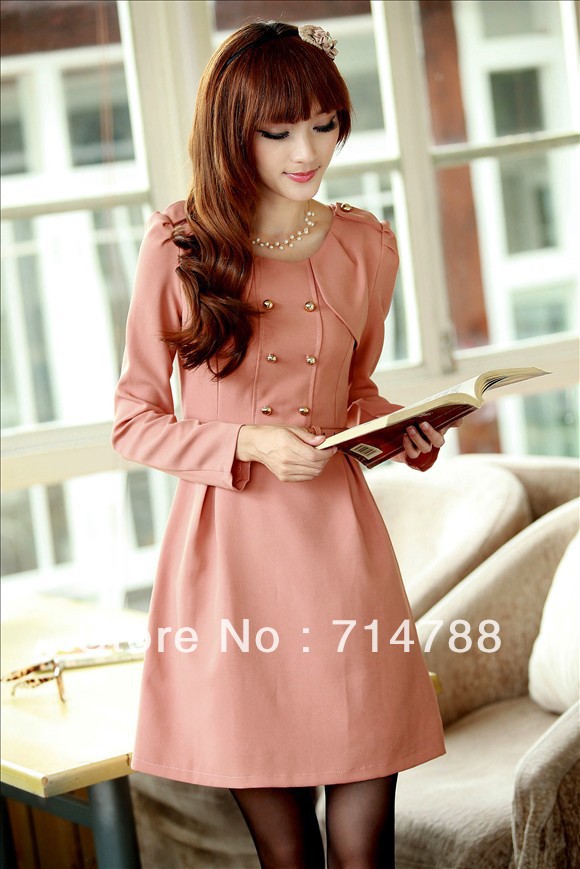 C002 ladies autumn double botton long-sleeve white-collar one-piece dress fashion winter and autumn dress/skirt