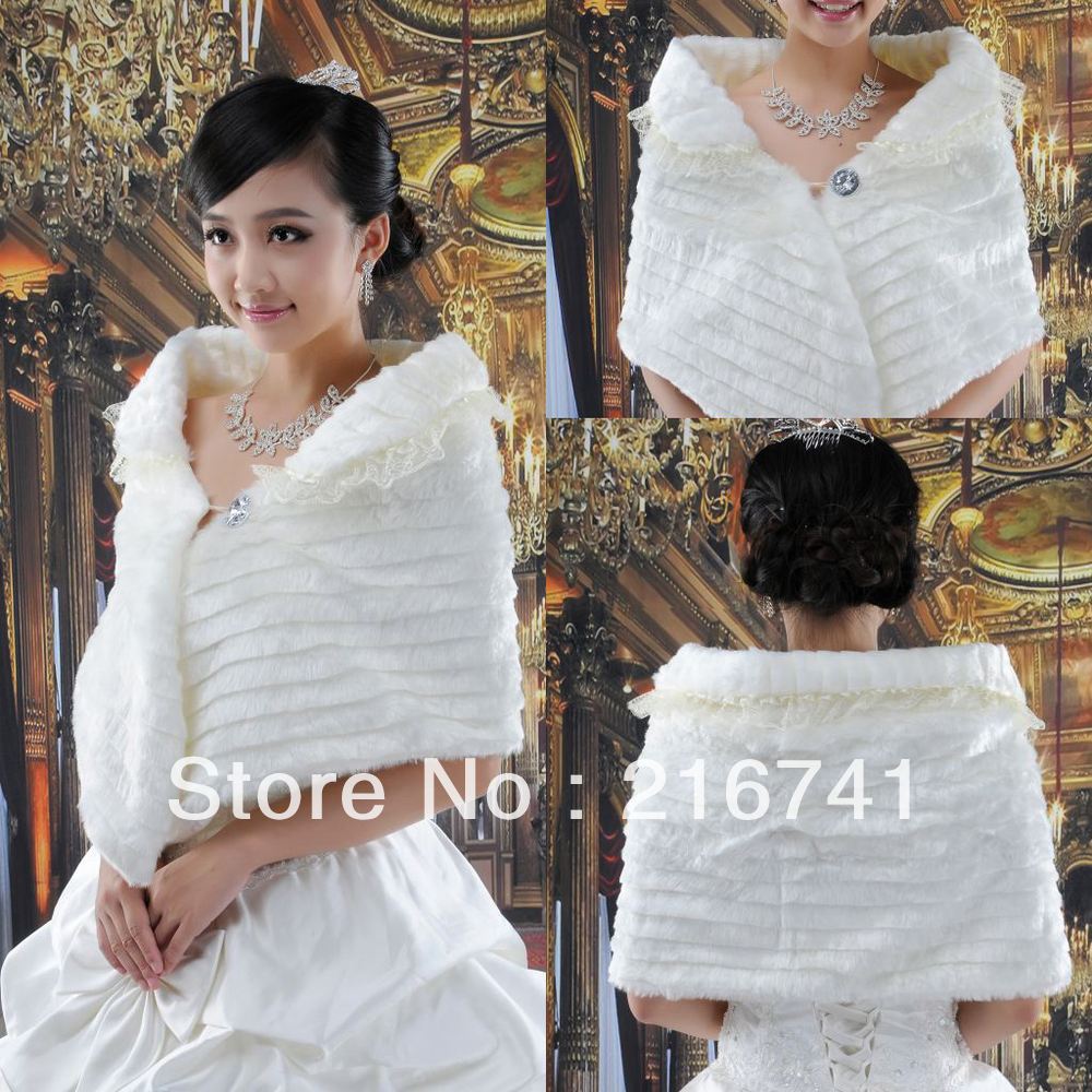 C003 Fashon Ivory Or White Winter Bridal Wedding Dress Fur Lace Wrap Bridal Wedding Coats Bridal Bolero Shrug Shawl 2013 Hot
