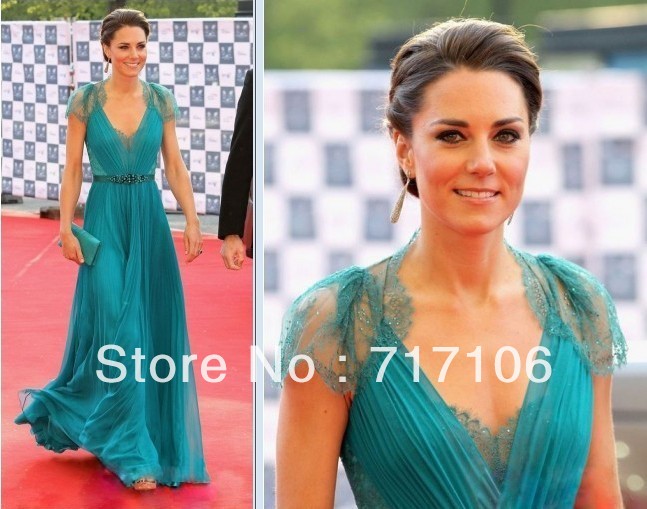 C005 Hot Green Pleated Chiffon V-neck Cap Sleeve Prom Party Evening formal Celebrity dresses Gown custom Color size ALL
