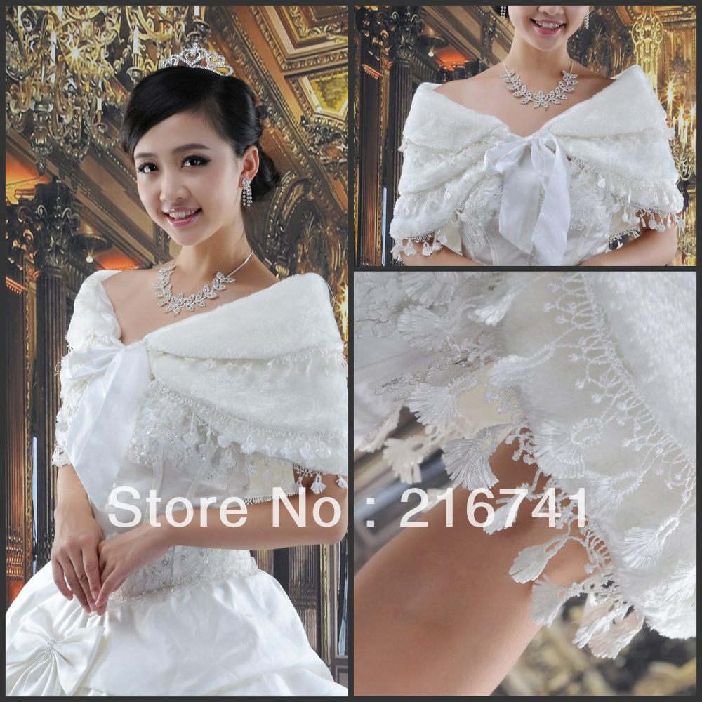 C010 2013 Unique Design Winter Warm Ivory Bridal Shawl Hot selling Lace Faux Fur Wedding Shawl Warp Jacket For Wedding Dress
