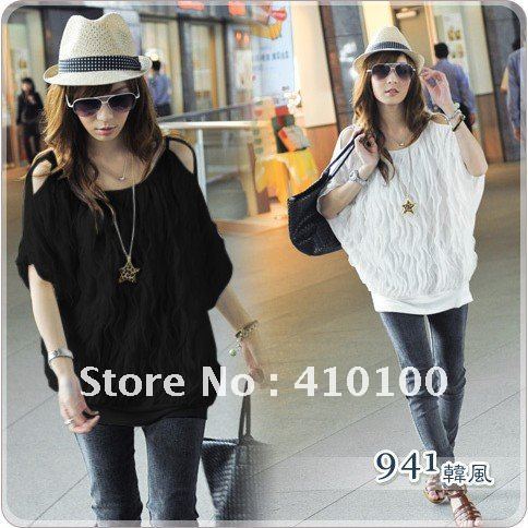 C012 Free Shipping 2012 New Style Women's off-the-shoulder T-shirt, Solid Wave Princess Ruffles Chiffon Tee T Shirt Wave T-shirt