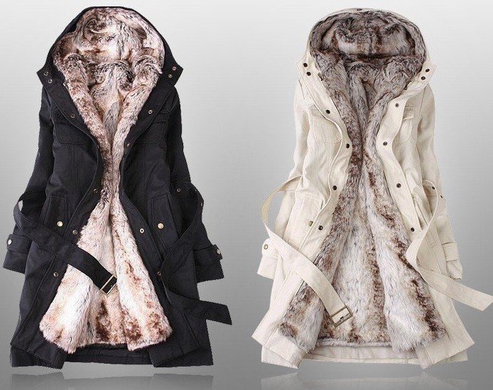 C029  Free Shipping Hot Women Faux fur lining Outerwear Winter Long Coat hooded Jacket with fur 2 colours