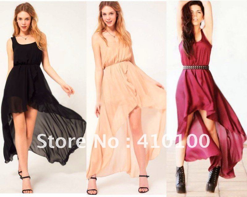 C030 Women New Sexy Sleeveless Irregular Chiffon Skirt Long Dress Black 3 Colors wine red/black/apricot