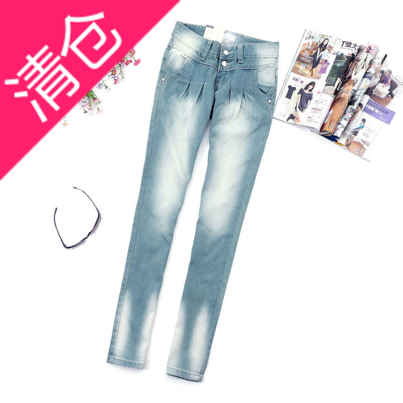 C051-379 female 11 female retro finishing mid waist denim wearing white skinny pants pencil pants jeans