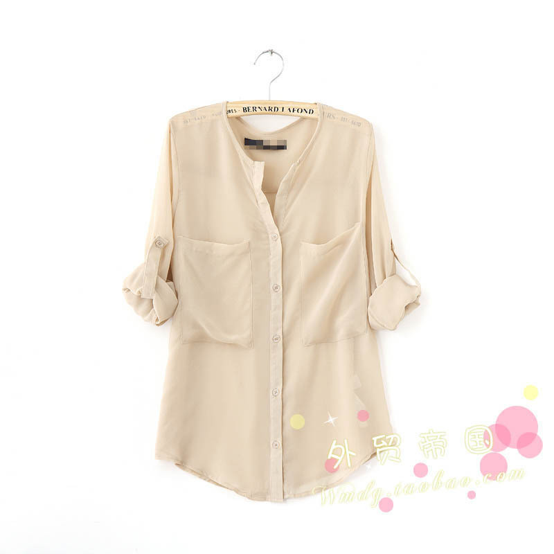 C063-371 female 2011 transparent chiffon shirt large pocket long-sleeve three quarter sleeve