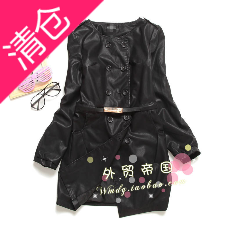 C073-464 female autumn slim all-match medium-long leather trench wrist-length sleeve
