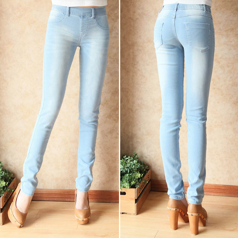 C081-448 autumn 2012 women's water wash wearing white elastic waist denim trousers skinny pants pencil pants