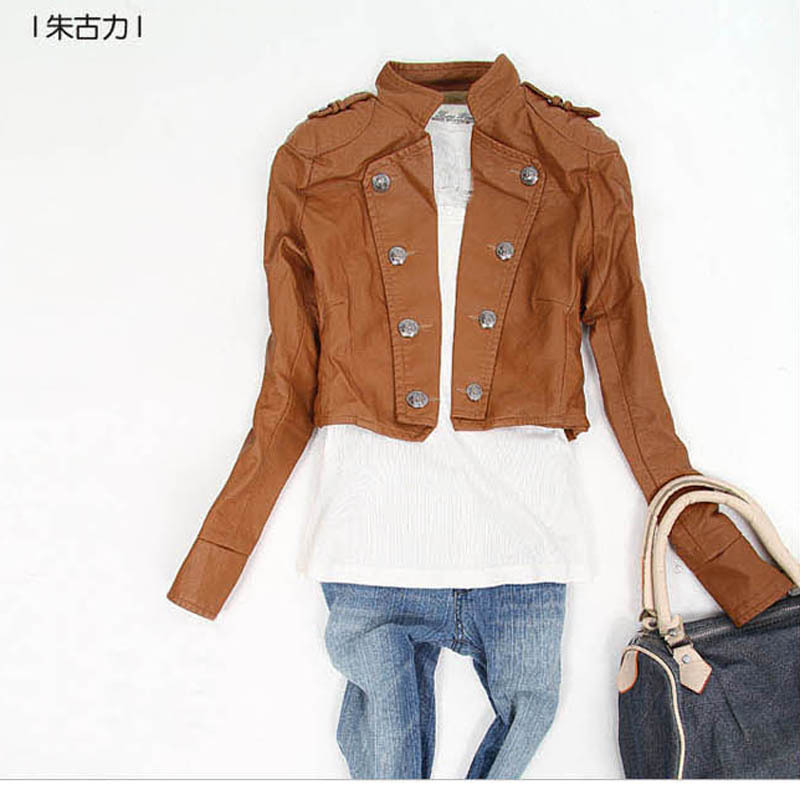 C192-569 female autumn vintage fashion double breasted stand collar motorcycle jacket PU faux leather small leather clothing