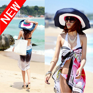 C38 summer hat straw braid hat large brim hat sun hat sunbonnet beach cap big strawhat multicolour cap