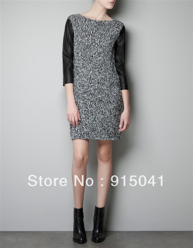 C40-14-078 Europe and the United States the new ZA @ A two-color leather sleeves Sleeve Dress the new Europe and the United Stat