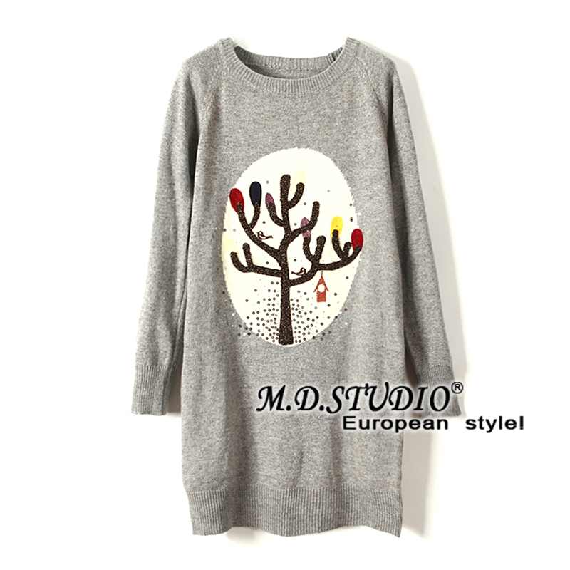 C427 2012 female medium-long wool blending embroidery paillette long-sleeve loose sweater dress 139