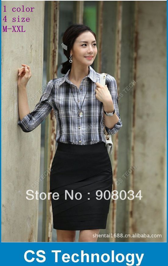 [C47] 2013 New arrival women Brand Blouse,Plaid long sleeve shirt OL office ladies' shirt,women fashion blouse Free Shipping