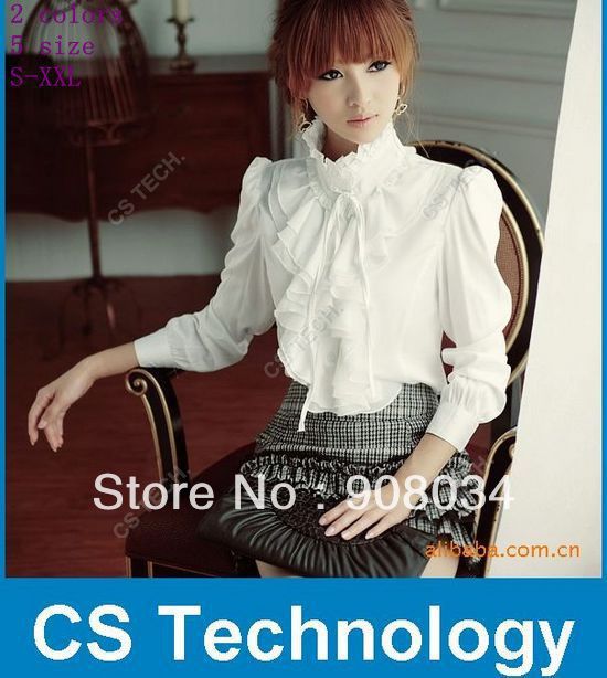 [C51] 2013 NEW Korea Ladies Stand Collar long sleeve Pure Color Flouncing Blouse Purple free shipping