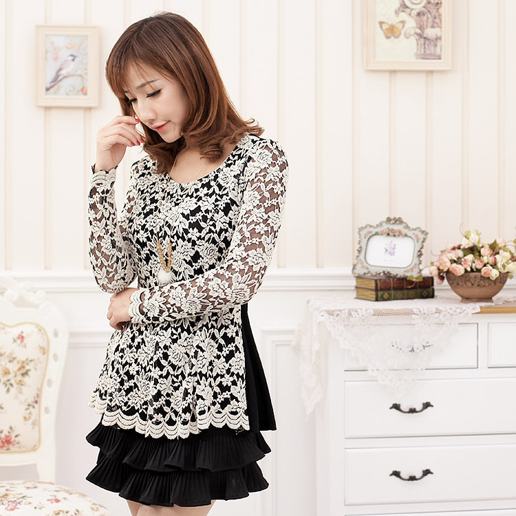 C6-4 spring 2013 women's rose full lace shirt slim all-match long-sleeve basic shirt