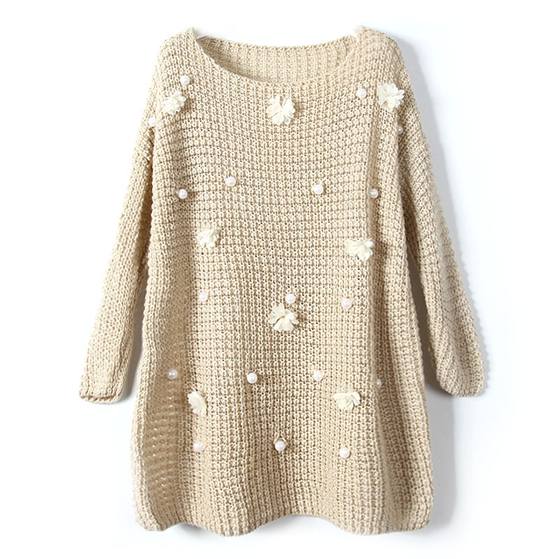 C783 2012 japanese style women's three-dimensional flower sweet pearl crochet loose o-neck sweater