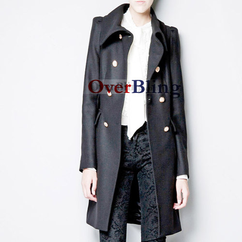 C84194 Dress Wholesale ZA New Metal Button Shoulder Pleated Coat Black Dust Coat