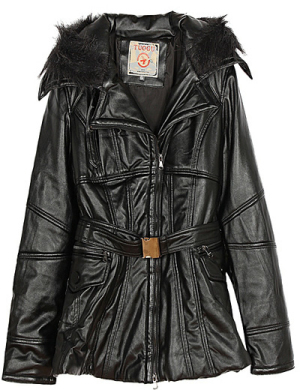 C85152 Women's Faux Leather Black Notched Collar Warm Jacket