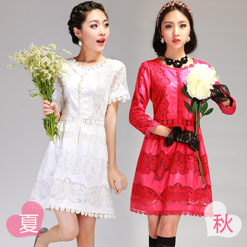 Cabinet high quality 2012 water washed leather cutout embroidery lace long-sleeve dress q5047 female