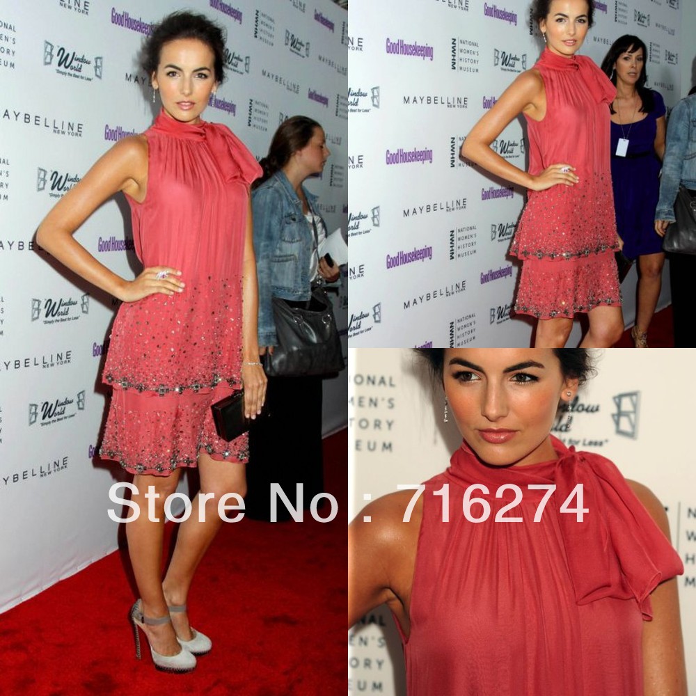 camilla belle Beautiful Red High Neck  Crystals Beads Stunning Slit Fashion Pleat Sequins Chiffon Celebrity Dresses Prom Gown
