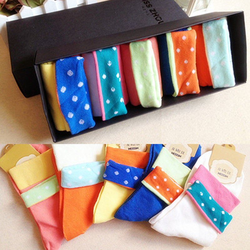 Candy color block decoration roll up hem women's 100% cotton 100% cotton knee-high socks cotton socks