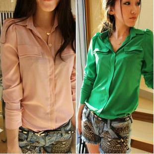 Candy Color Chiffon blouse Long Sleeve Button Down Shirt Shoulder Padded Tops 2 Colors free shipping 7482