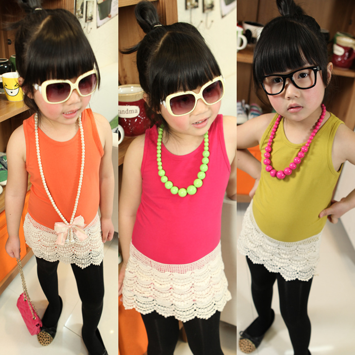Candy color laciness woven vest t-shirt 2013 summer baby child girls clothing z0160