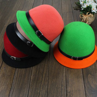Candy color pure woolen hat female autumn and winter color block leather buckle on bucket hats bucket hat elegant