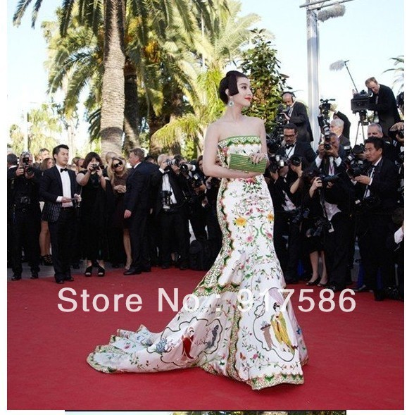 Cannes Festival Bingbing Fan Strapless Mermaid Chapel Train Embroidery Celebrity Dresses